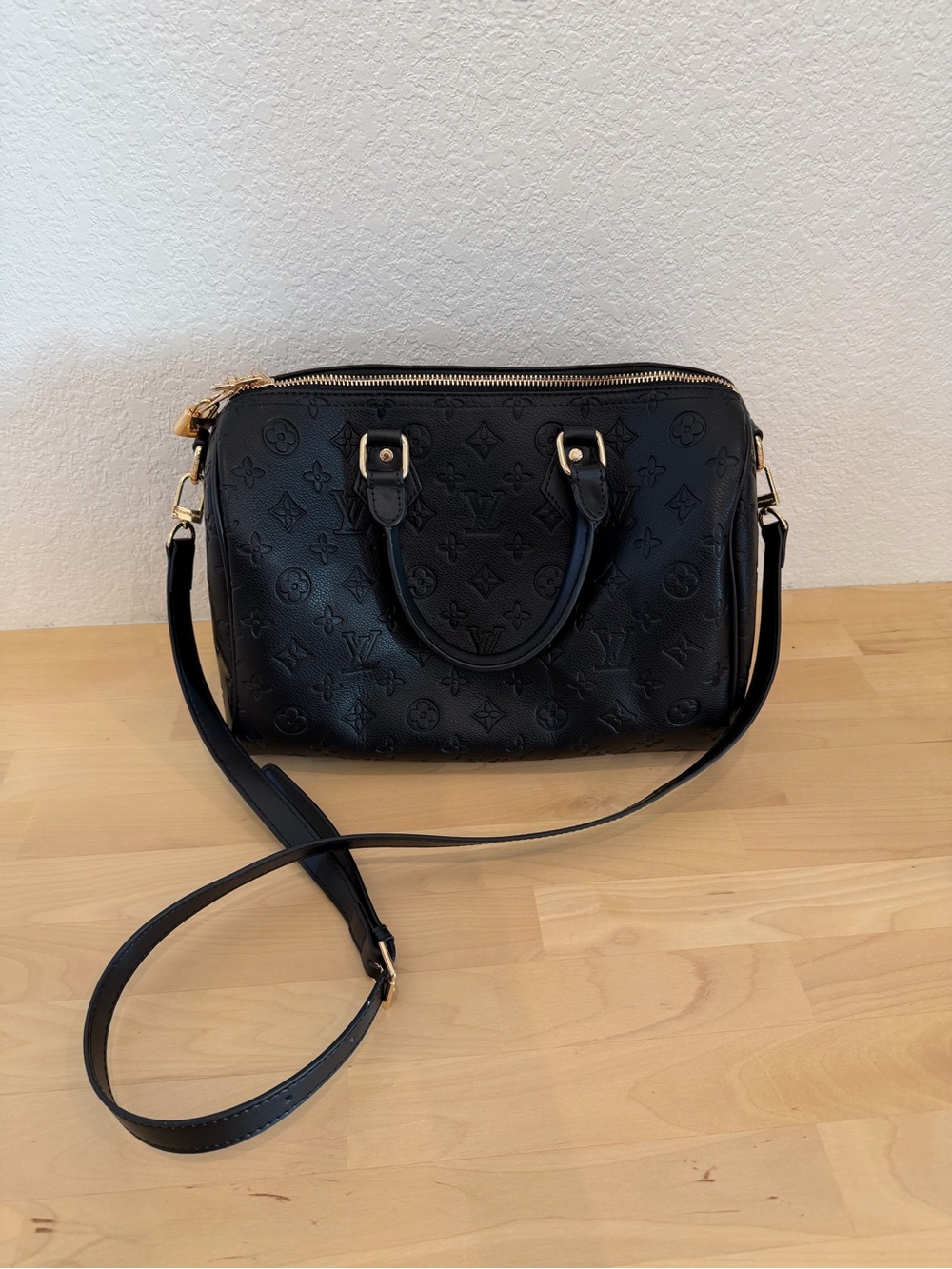 Source Unknown Black Embossed Tote with Gold Hardware